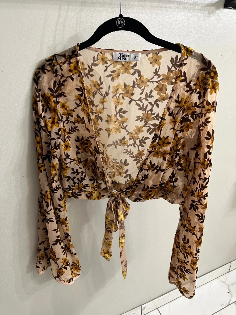 Tiger Mist Beige Floral Tie-Front Blouse with Mustard Print
